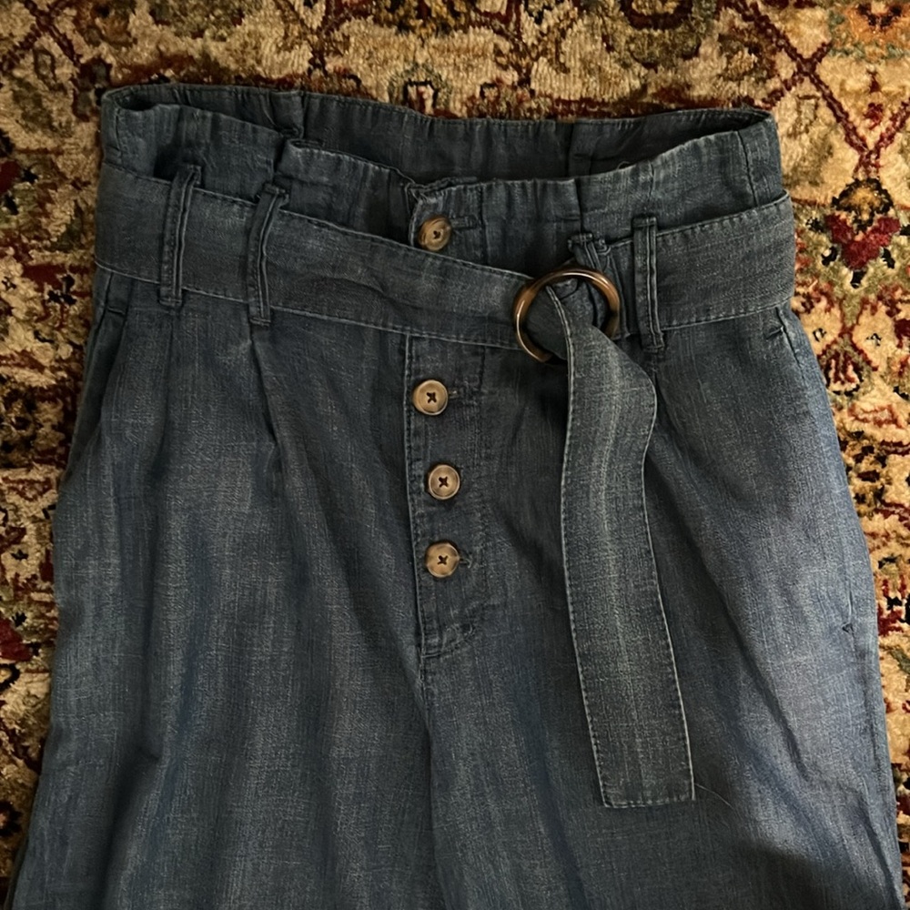 Abercrombie & Fitch Wide-Leg Chambray Denim Pants Size XS High Waist Paperbag - Picture 2 of 5